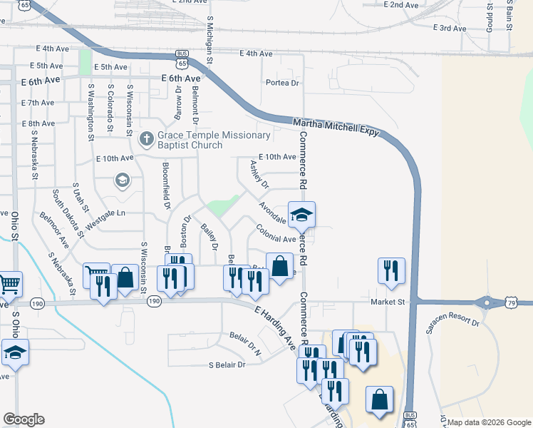 map of restaurants, bars, coffee shops, grocery stores, and more near 3 Avalon Avenue in Pine Bluff