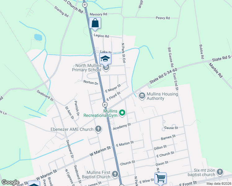 map of restaurants, bars, coffee shops, grocery stores, and more near 801-807 Manning Street in Mullins