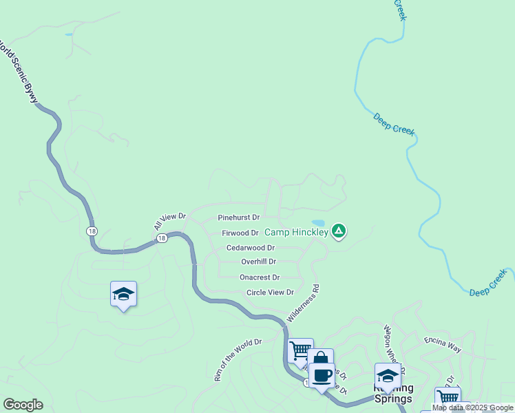 map of restaurants, bars, coffee shops, grocery stores, and more near 31435 Oakleaf Drive in Running Springs