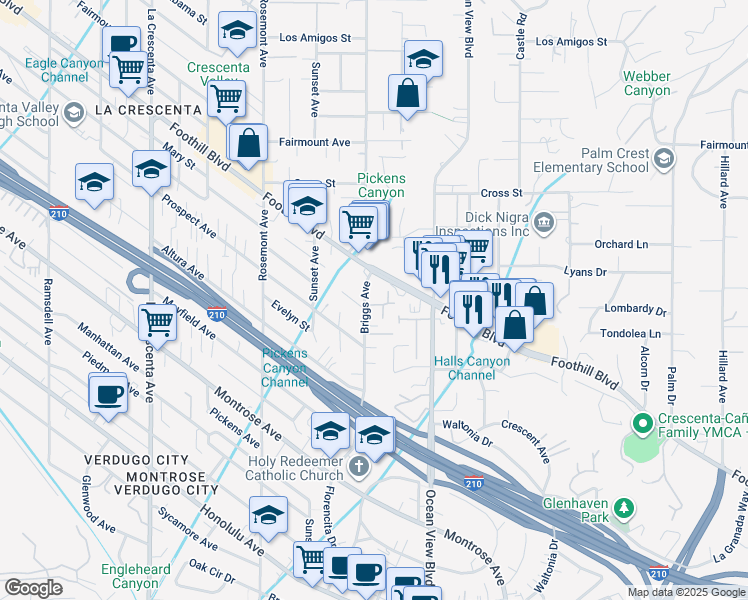 map of restaurants, bars, coffee shops, grocery stores, and more near 4442 Briggs Avenue in La Cañada Flintridge