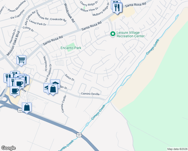 map of restaurants, bars, coffee shops, grocery stores, and more near 18221 Village 18 in Camarillo