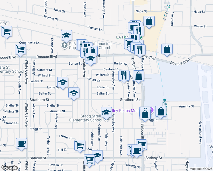 map of restaurants, bars, coffee shops, grocery stores, and more near 17129 Lorne Street in Los Angeles