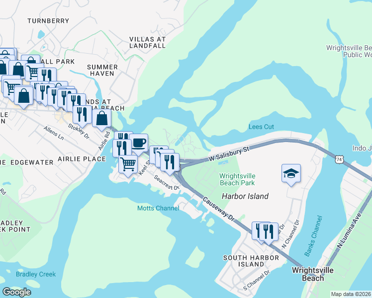 map of restaurants, bars, coffee shops, grocery stores, and more near 116 Driftwood Court in Wrightsville Beach