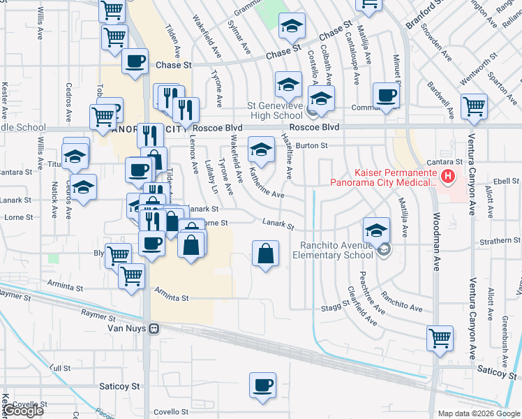 map of restaurants, bars, coffee shops, grocery stores, and more near 8077 Wakefield Avenue in Los Angeles