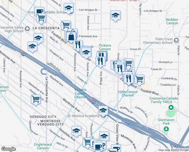 map of restaurants, bars, coffee shops, grocery stores, and more near 2350 Foothill Boulevard in La Cañada Flintridge