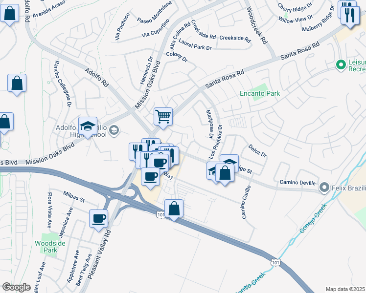 map of restaurants, bars, coffee shops, grocery stores, and more near 105 Camino Ruiz in Camarillo