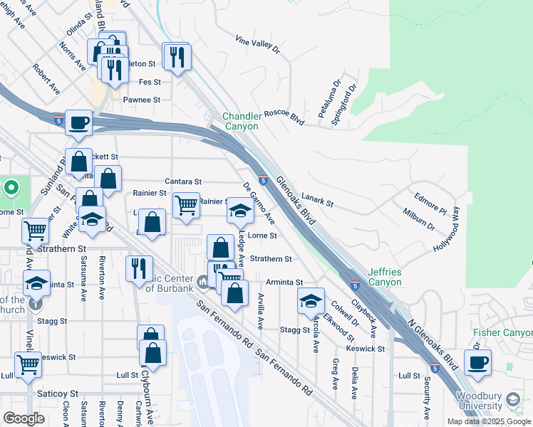 map of restaurants, bars, coffee shops, grocery stores, and more near Lanark St & De Garmo Ave in Los Angeles