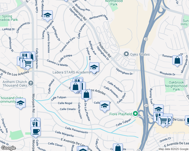 map of restaurants, bars, coffee shops, grocery stores, and more near 1211 Calle Almendro in Thousand Oaks