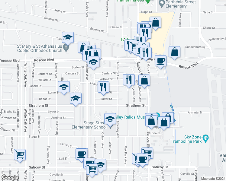map of restaurants, bars, coffee shops, grocery stores, and more near 17117 Lorne Street in Van Nuys