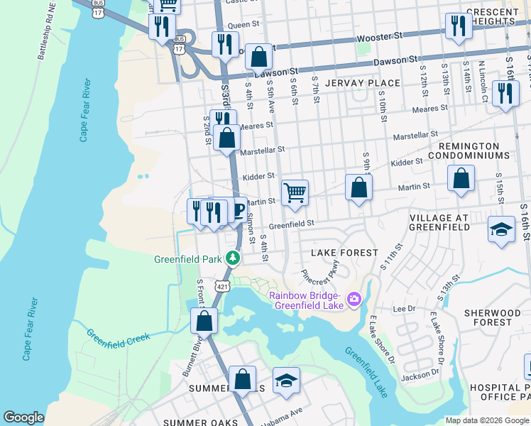 map of restaurants, bars, coffee shops, grocery stores, and more near 1407 South 4th Street in Wilmington