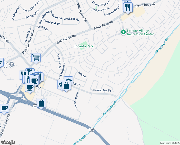 map of restaurants, bars, coffee shops, grocery stores, and more near 16113 Village 16 in Camarillo
