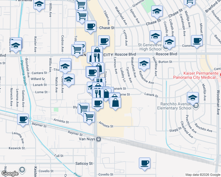 map of restaurants, bars, coffee shops, grocery stores, and more near 14370 Lanark Street in Los Angeles