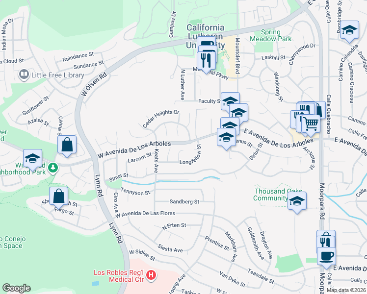 map of restaurants, bars, coffee shops, grocery stores, and more near 2797 Beckett Court in Thousand Oaks