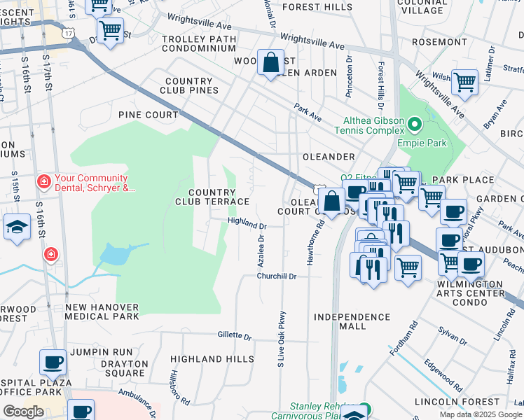 map of restaurants, bars, coffee shops, grocery stores, and more near 1607 Azalea Drive in Wilmington