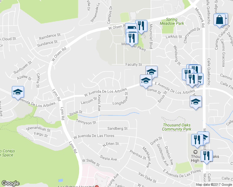 map of restaurants, bars, coffee shops, grocery stores, and more near 2797 Beckett Court in Thousand Oaks