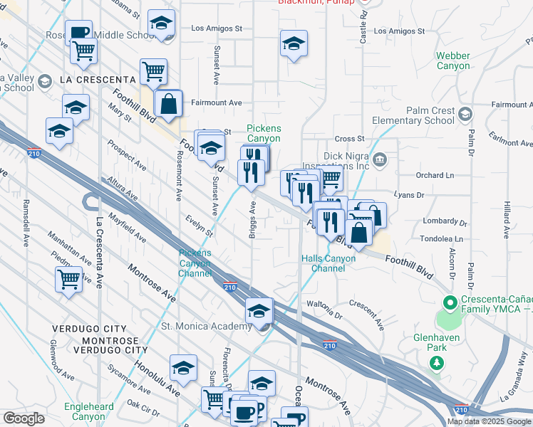 map of restaurants, bars, coffee shops, grocery stores, and more near 2347 Caldero Lane in La Cañada Flintridge