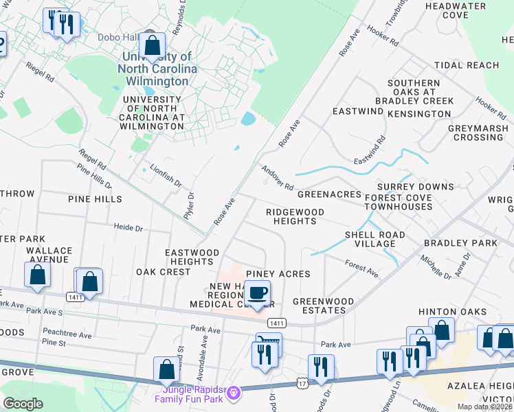 map of restaurants, bars, coffee shops, grocery stores, and more near 5305 Ridgewood Heights Drive in Wilmington