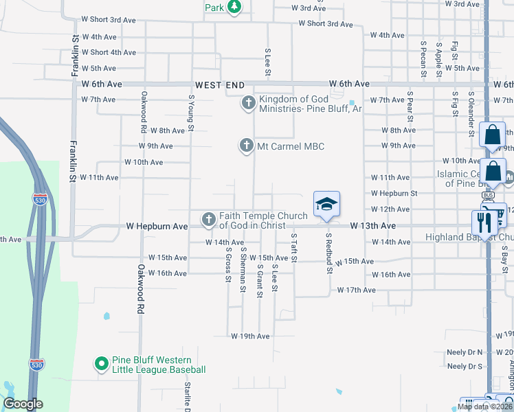 map of restaurants, bars, coffee shops, grocery stores, and more near 1121 South Grant Street in Pine Bluff