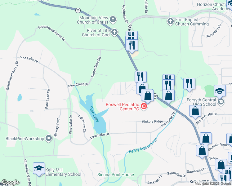 map of restaurants, bars, coffee shops, grocery stores, and more near 513 Sawnee Corners Drive in Cumming