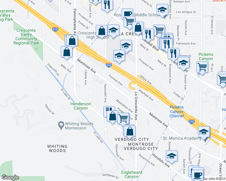 map of restaurants, bars, coffee shops, grocery stores, and more near 2930 Montrose Avenue in Glendale