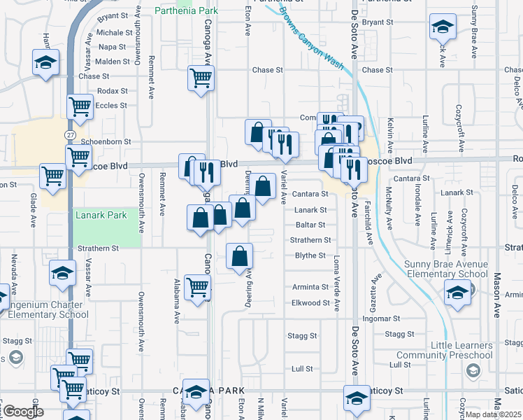 map of restaurants, bars, coffee shops, grocery stores, and more near 21218 Roscoe Boulevard in Los Angeles
