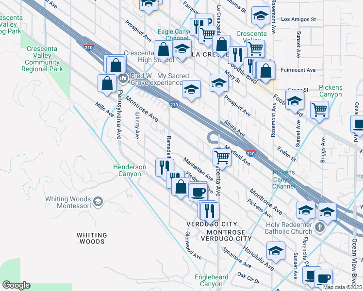 map of restaurants, bars, coffee shops, grocery stores, and more near 2930 Montrose Avenue in Glendale