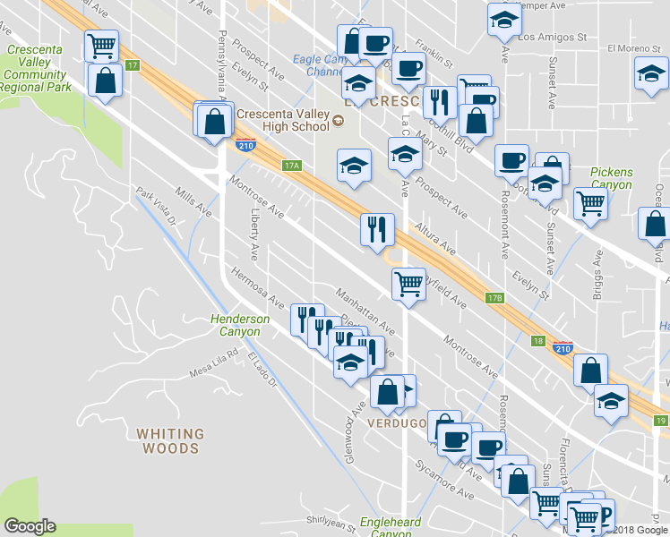 map of restaurants, bars, coffee shops, grocery stores, and more near 2944 Montrose Avenue in Glendale