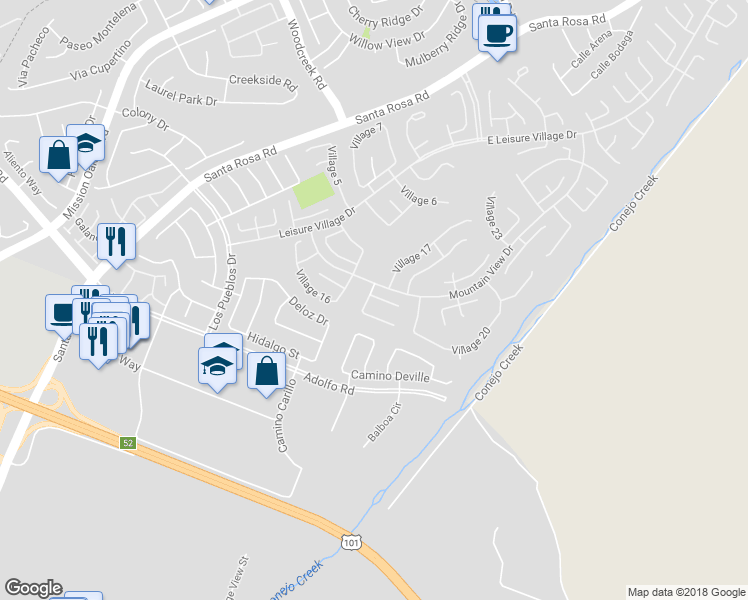 map of restaurants, bars, coffee shops, grocery stores, and more near 18107 Village 18 in Camarillo