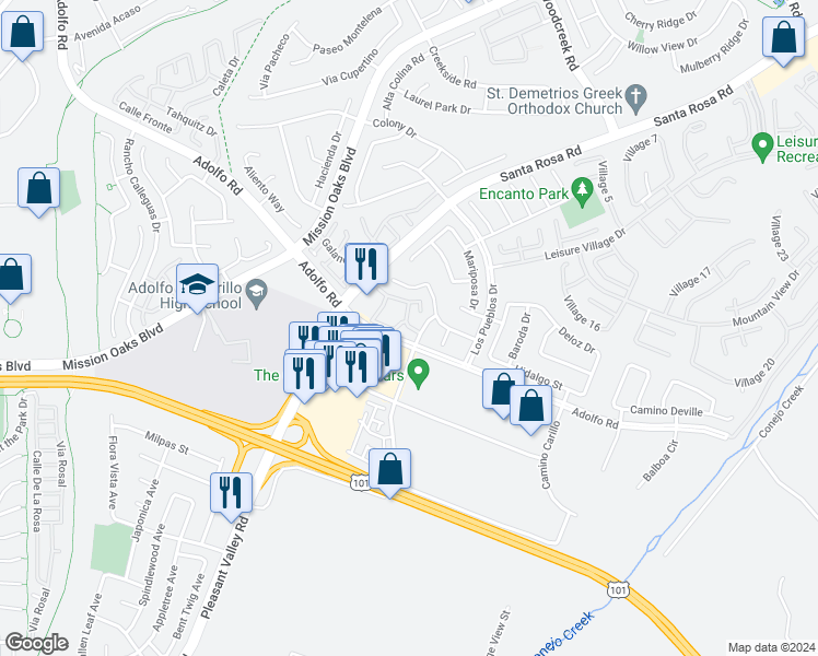 map of restaurants, bars, coffee shops, grocery stores, and more near 127 Camino Ruiz in Camarillo