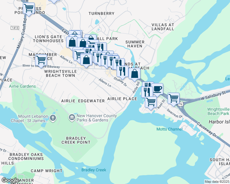 map of restaurants, bars, coffee shops, grocery stores, and more near 2260 Bel Arbor Place in Wilmington