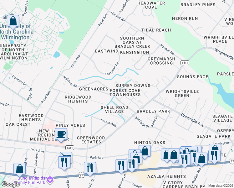 map of restaurants, bars, coffee shops, grocery stores, and more near 5465 Overbrook Road in Wilmington