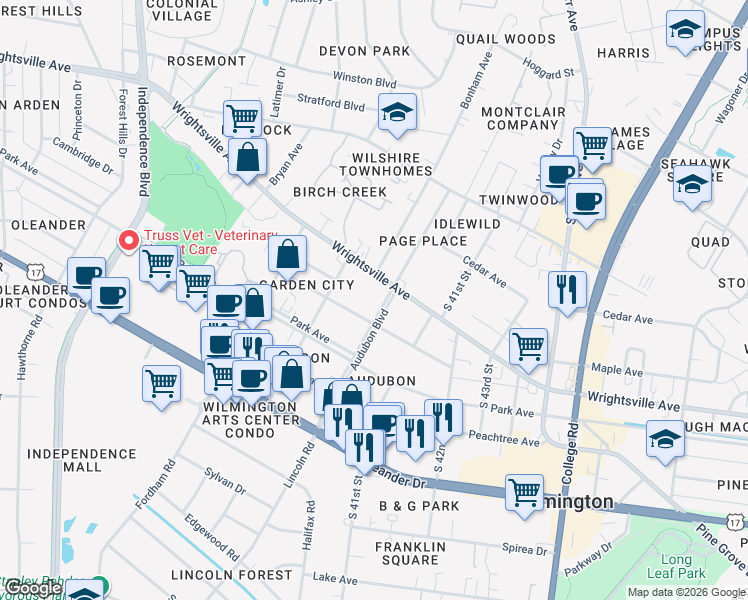 map of restaurants, bars, coffee shops, grocery stores, and more near 3918 Wrightsville Avenue in Wilmington