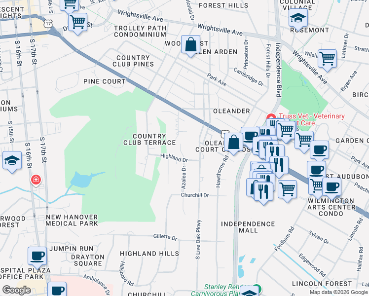 map of restaurants, bars, coffee shops, grocery stores, and more near 1532 Magnolia Place in Wilmington