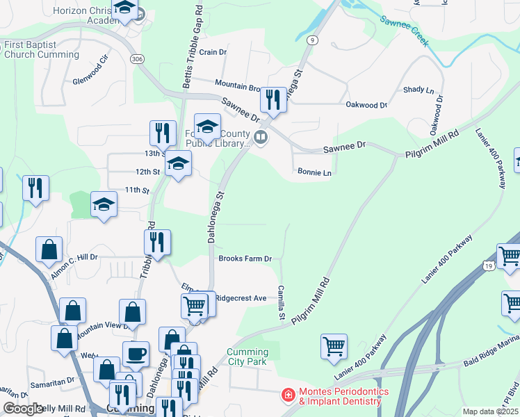 map of restaurants, bars, coffee shops, grocery stores, and more near 500 Pearl Street in Cumming