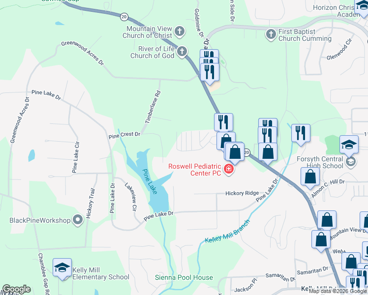 map of restaurants, bars, coffee shops, grocery stores, and more near 513 Sawnee Corners Drive in Cumming