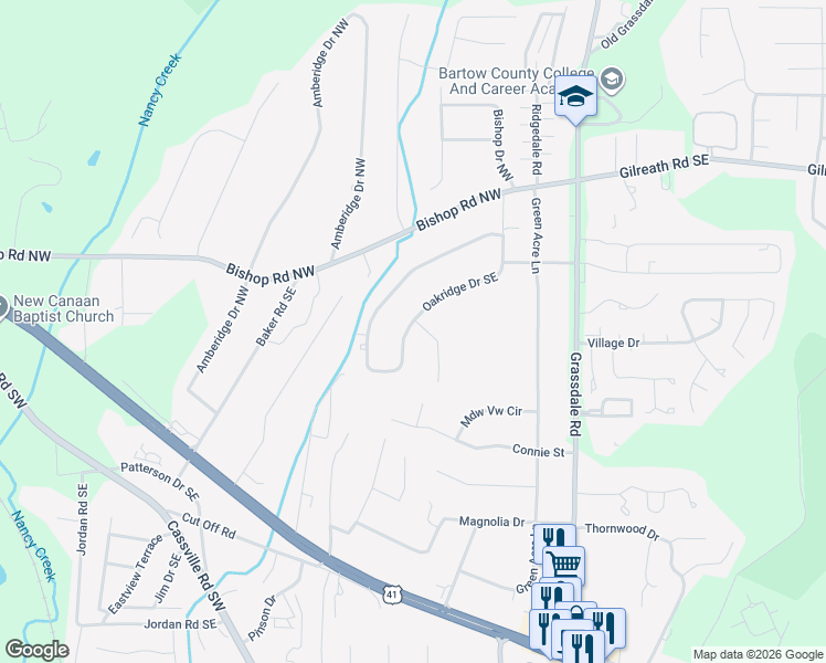 map of restaurants, bars, coffee shops, grocery stores, and more near 219 Oakridge Drive Southeast in Cartersville