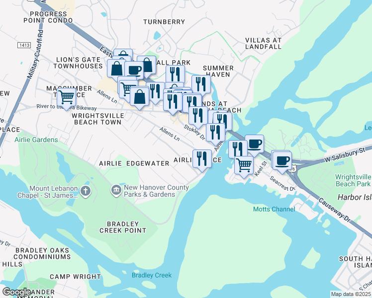 map of restaurants, bars, coffee shops, grocery stores, and more near 2260 Bel Arbor Place in Wilmington