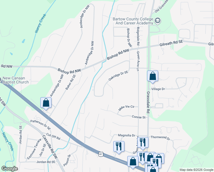 map of restaurants, bars, coffee shops, grocery stores, and more near 219 Oakridge Drive Southeast in Cartersville
