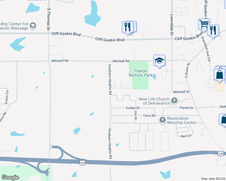 map of restaurants, bars, coffee shops, grocery stores, and more near 1-2723 Woodmere Circle in Tupelo