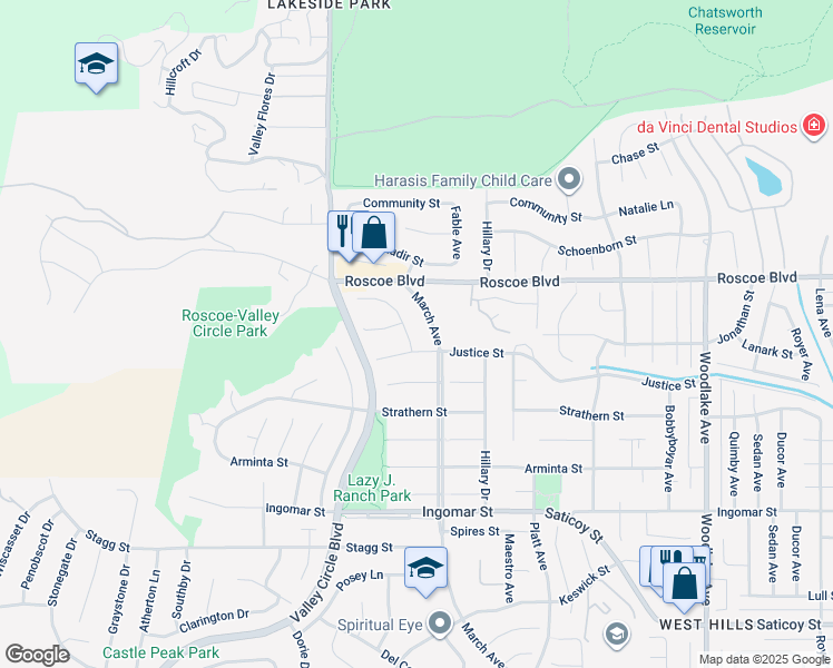 map of restaurants, bars, coffee shops, grocery stores, and more near 23695 Burton Street in Los Angeles