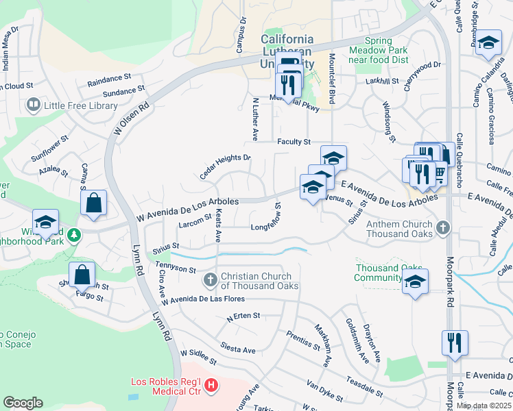 map of restaurants, bars, coffee shops, grocery stores, and more near 2797 Beckett Court in Thousand Oaks
