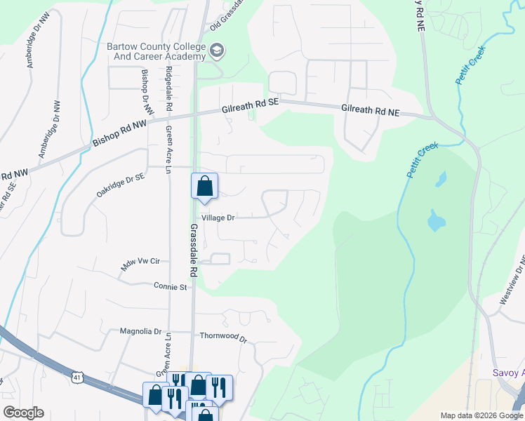 map of restaurants, bars, coffee shops, grocery stores, and more near 41 Benfield Circle Southeast in Cartersville