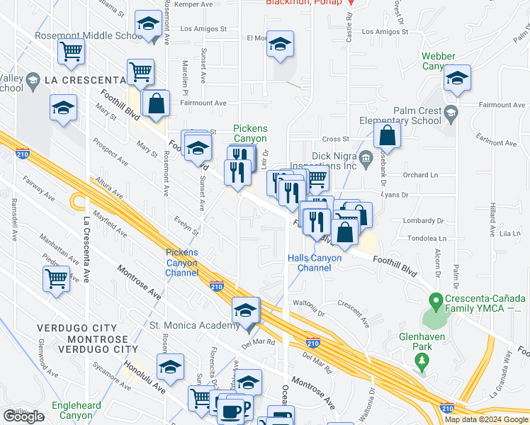map of restaurants, bars, coffee shops, grocery stores, and more near 2350 Foothill Boulevard in La Cañada Flintridge