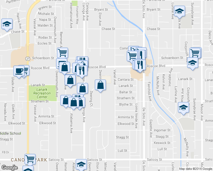 map of restaurants, bars, coffee shops, grocery stores, and more near 8116 Deering Ave in Canoga Park