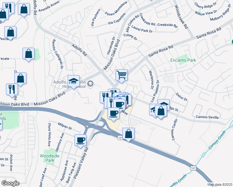 map of restaurants, bars, coffee shops, grocery stores, and more near in Camarillo