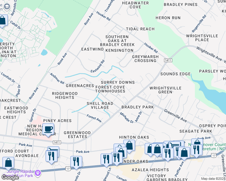 map of restaurants, bars, coffee shops, grocery stores, and more near 5813 Wrightsville Avenue in Wilmington