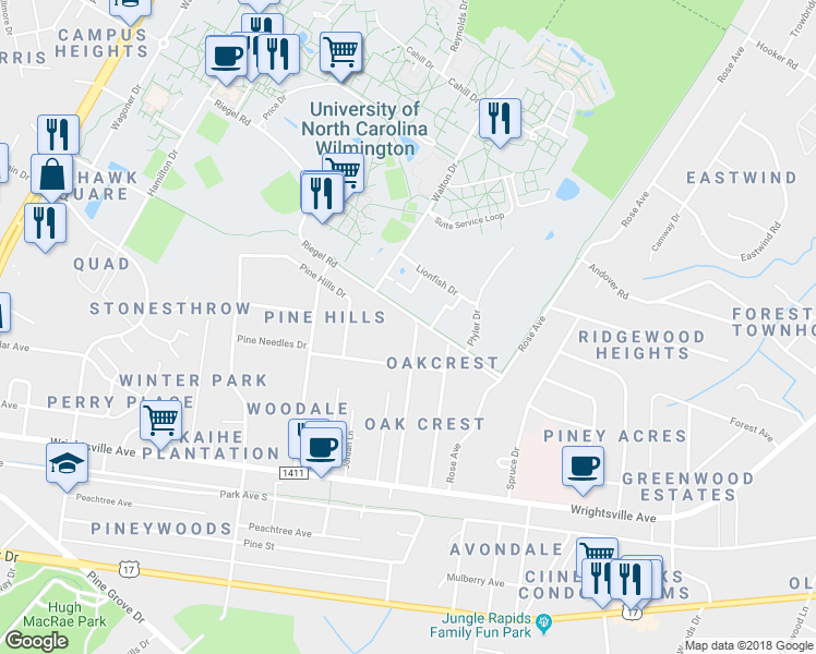 map of restaurants, bars, coffee shops, grocery stores, and more near 229 Oak Leaf Drive in Wilmington