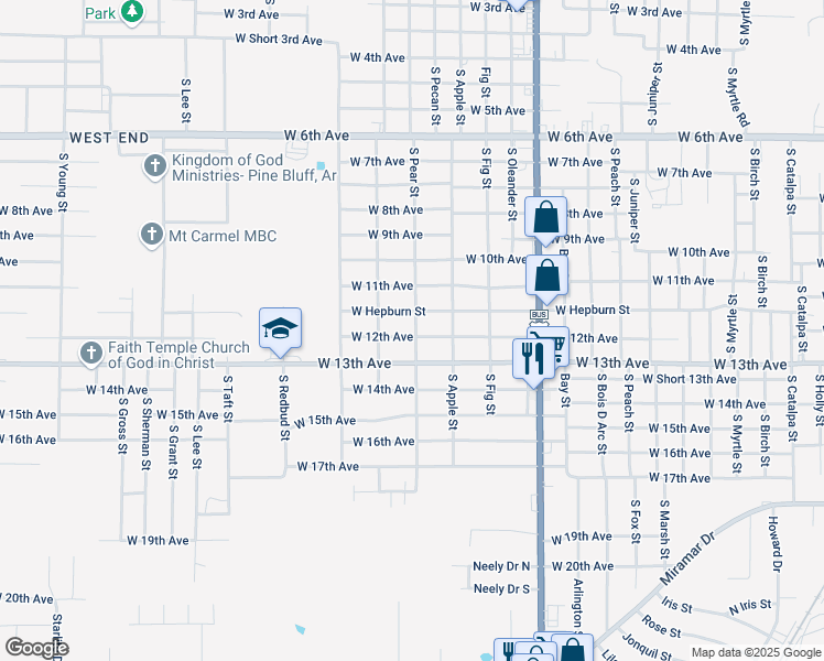 map of restaurants, bars, coffee shops, grocery stores, and more near 4314 West Hepburn Street in Pine Bluff