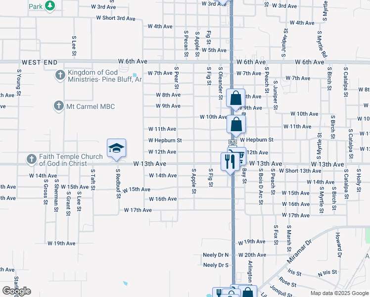 map of restaurants, bars, coffee shops, grocery stores, and more near 4210 West Hepburn Street in Pine Bluff