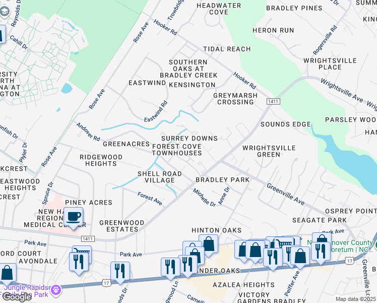 map of restaurants, bars, coffee shops, grocery stores, and more near 5813 Wrightsville Avenue in Wilmington